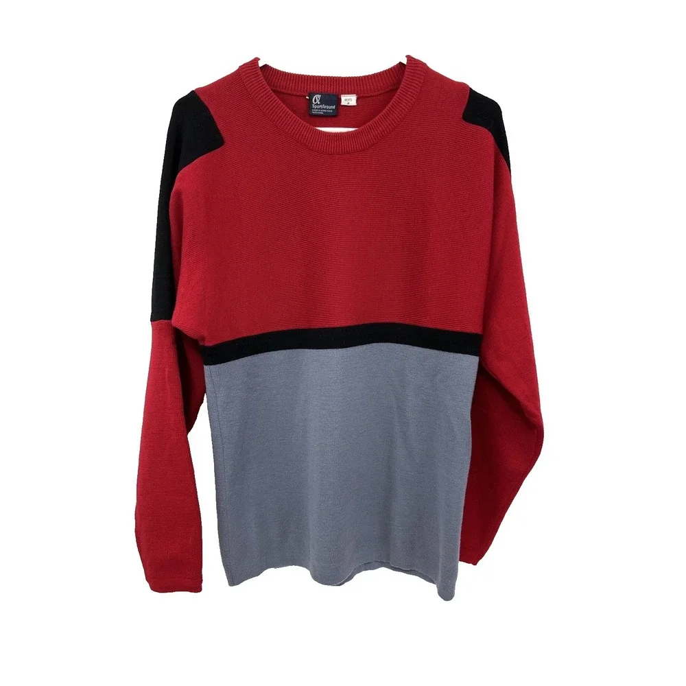 VTG SportAround Men's 100% Wool Sweater Size M Red Black Gray Pullover Hong Kong